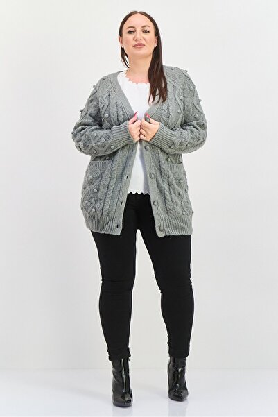 Black Tape Women Plus Size Split Neck Open Front Knitted Cardigans, Steel Grey