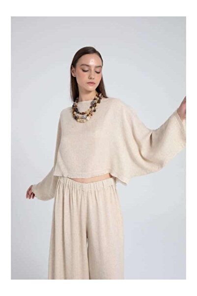 İpekçi Otantik Lyocell Keten Yumuşak Dokulu Yarasa Kol Bluz