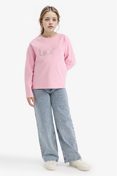 DeFacto Girl's Oversized Wide Fit Crew Neck Rhinestone Sweatshirt G2463A825Wn