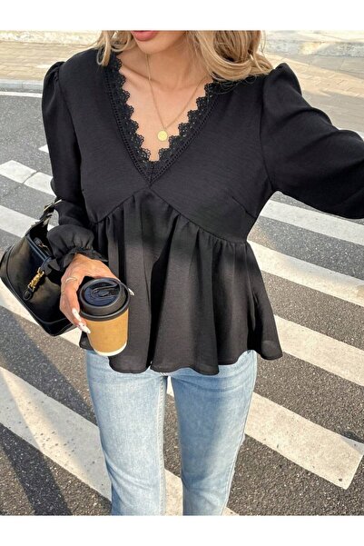 ARONA Women's Long Sleeve V Lace Neck Aerobin Blouse