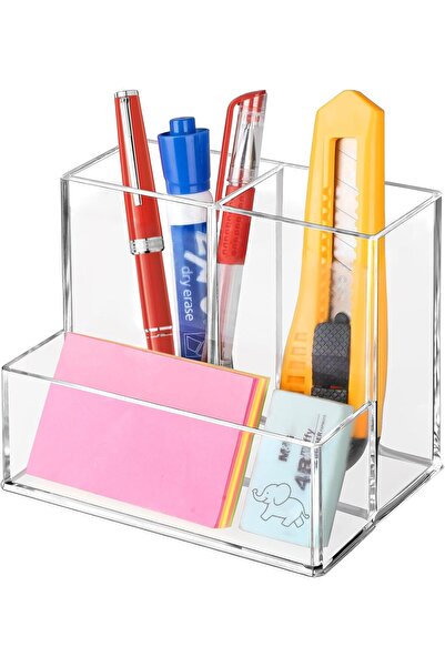 Slasa حامل أقلام أكريليك شفاف بثلاث حجرات، منظم أقلام مكتبي (13×9×8 سم)