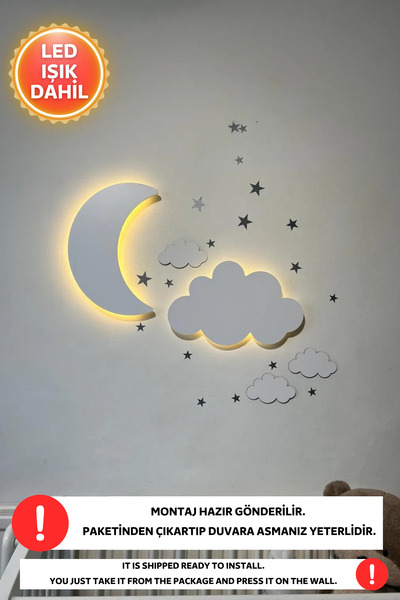 Dekorvin 1 Bulut 1 Ay Led Işık Gece Lambası Bebek Çocuk Odası Duvar Dekorasyo...
