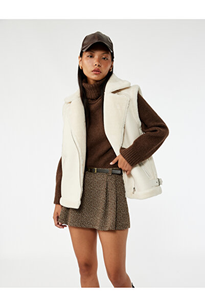 Koton Leather-Look Sleeveless Biker Vest with Faux Fur Collar and Zipper