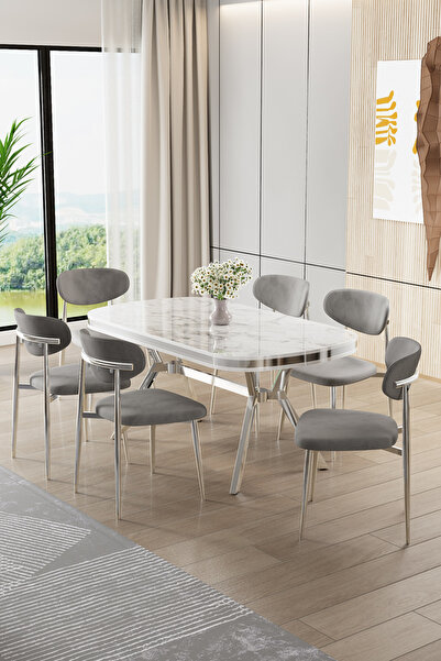 Canisa Olya Serisi 90x168 Lak Panel Beyaz Mermer Desen Masa Takımı Krom Ayakl...