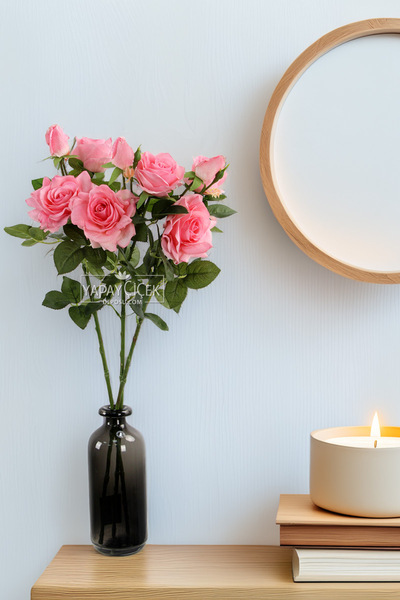 Yapay Çiçek Deposu Yapay Premium Islak 3lü Goncalı Gül Dalı 76 cm Pembe