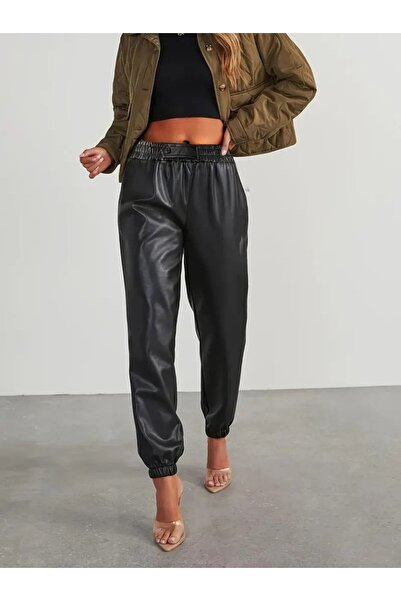 Kanonik Education Women's High Waist Elastic Front Buttoned Leather Pants