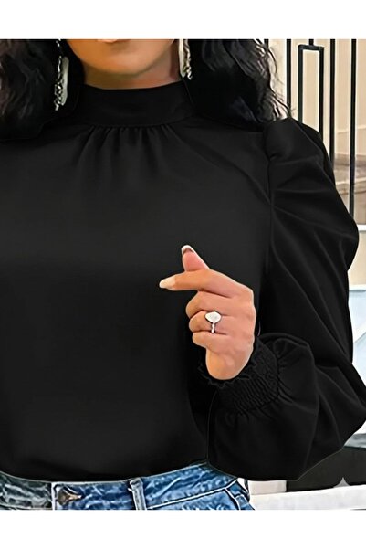 Bijuterria Women's Long Sleeve Turtleneck Tie Back Balloon Shoulder Imported Crepe Blouse