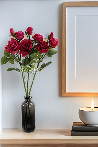 Yapay Çiçek Deposu Yapay Premium Islak 3lü Goncalı Gül Dalı 76 cm Fuşya - Mor