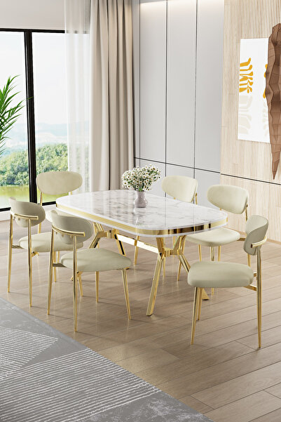 Canisa Olya Serisi 90x168 Lak Panel Beyaz Mermer Desen Masa Takımı Gold Ayakl...