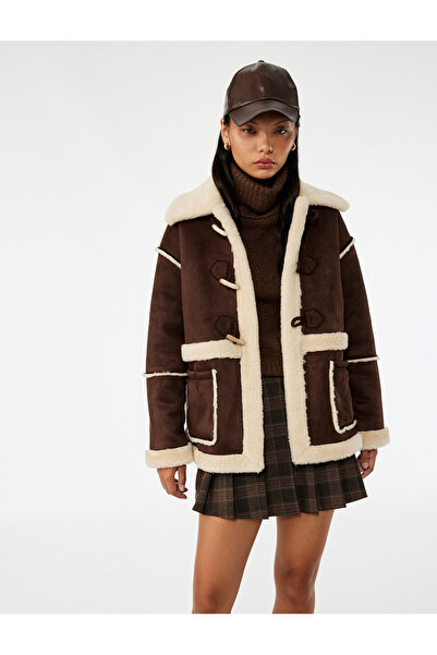 Koton Παλτό με κορδόνια, στυλ σουέτ, με λεπτομέρεια τσέπης, κουμπιά και εσωτερική επένδυση από ψεύτικη γούνα