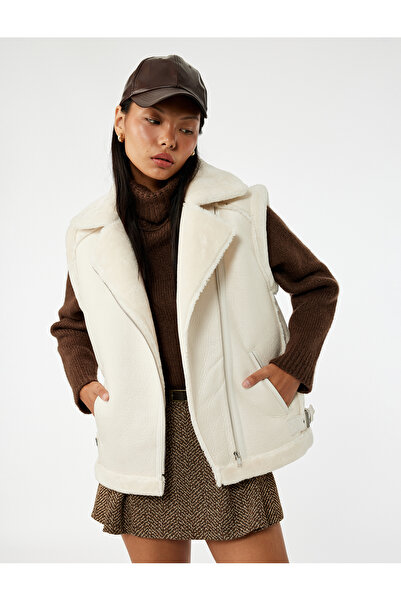 Koton Leather-Look Sleeveless Biker Vest with Faux Fur Collar and Zipper