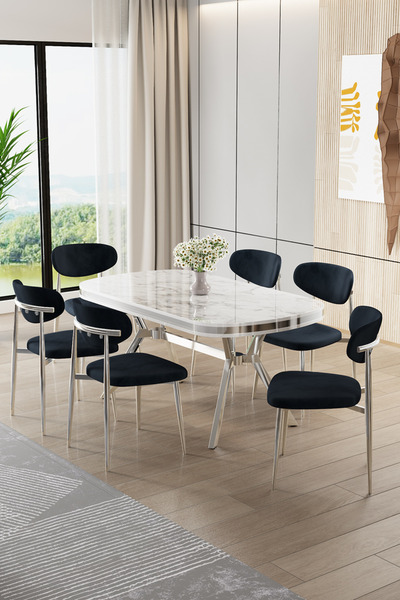 Canisa Olya Serisi 90x168 Lak Panel Beyaz Mermer DesenMasa Takımı Krom Ayaklı...