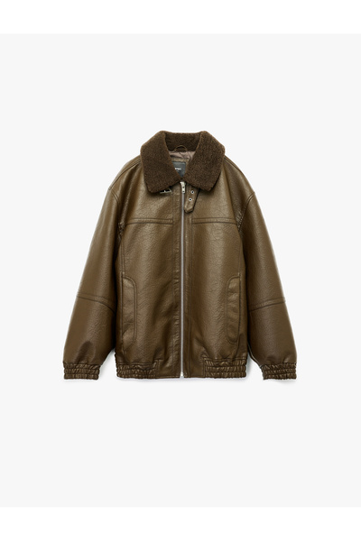 Koton Μακρυμάνικο μπουφάν από συνθετικό δέρμα με φερμουάρ και λεπτομέρεια τσέπης με βελούδινο γιακά