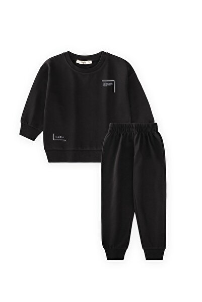 Cigit Low Sleeve Printed Tracksuit Set 2-7 Years Black
