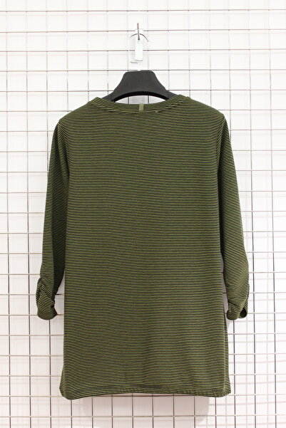 YXL COLLECTION Women's Plus Size Striped Crew Neck Drawstring Sleeve Detailed Transitional Mother Blouse