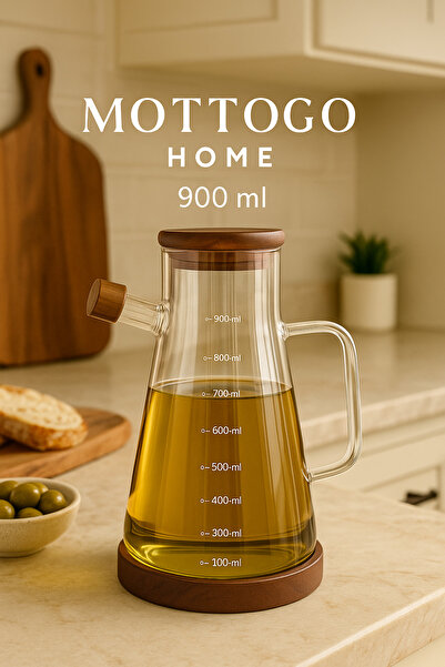 Mottogo Acacia Lid Glass Oil Pot – 900 ml – with Scale