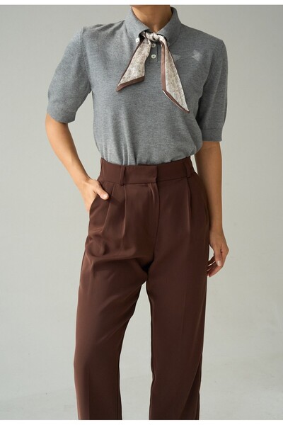 My Blog Gray Short Sleeve Scarf Sweater - 251153