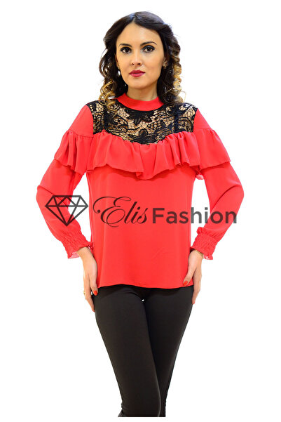Elis Fashion Women's red blouse with embroidery and ruffles