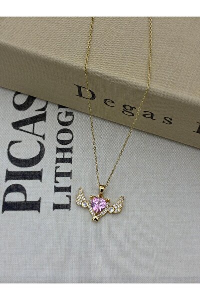 Hedef Bijuteri Steel Gold Color Pink Zircon Stone Angel Winged Heart Model Necklace