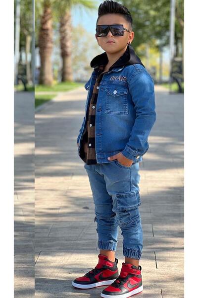 Riccotarz Boy's Plaid Hooded Brown Lumberjack Shirt with Tiger Pattern on the Back Jacket Jeans Bottom Top Set