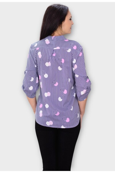 Elis Fashion Bluza Alba cu Dungi Bleumarin si Buline Colorate