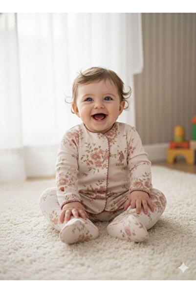 U.S. Polo Assn. U.S. Polo Assn Baby Girl Beige Floral Patterned Romper