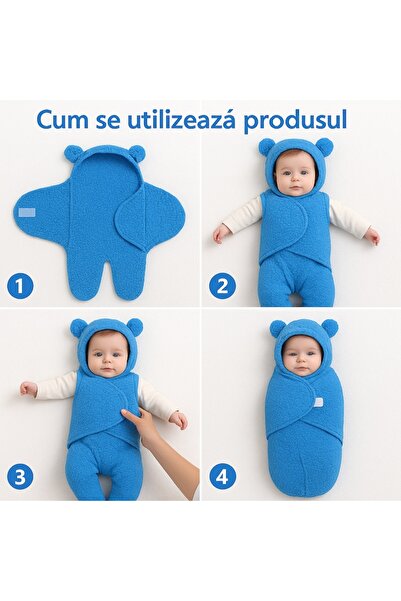 NEO GermaNova Plush Baby Swaddling Blanket 6-9 months, white, bear-ear hood