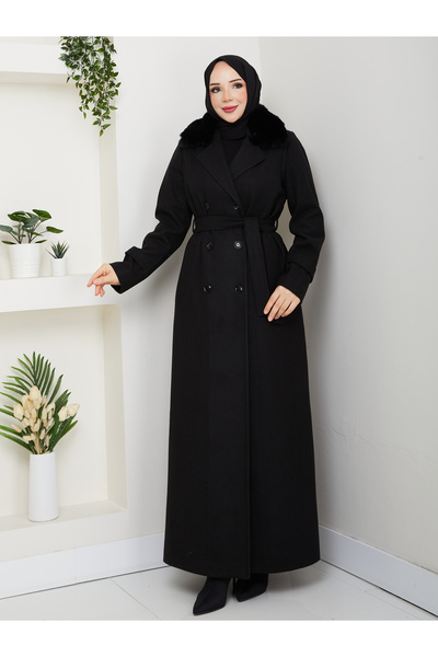 Moda İncir Double-Breasted Fur Coat with Collar