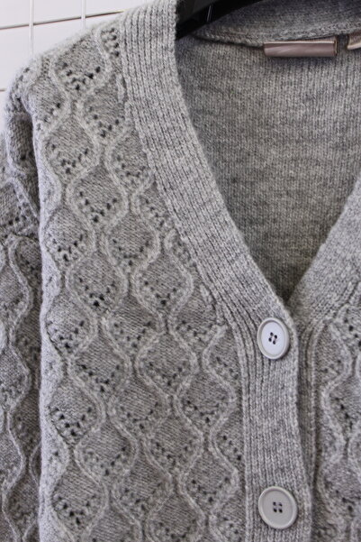 YXL COLLECTION Women's Gray Diamond Patterned V-Neck Buttoned Lace-Like Knit Knitwear Cardigan