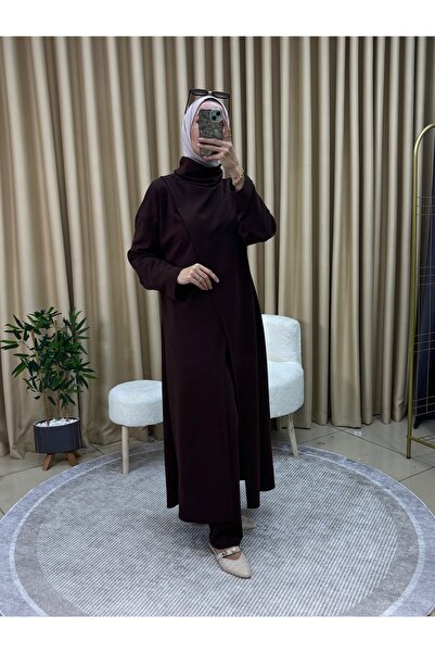 LY LEYO TEKSTİL طقم بنطلون تونيك شاكيك بلون بني غامق