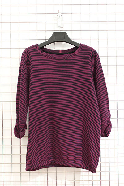 YXL COLLECTION Women's Plus Size Striped Crew Neck Drawstring Sleeve Detailed Transitional Mother Blouse