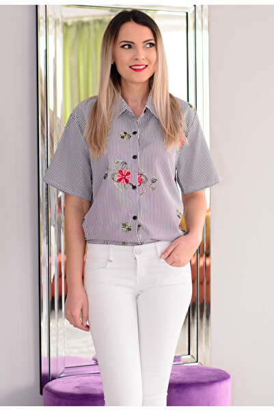 Elis Fashion Women's gray shirt with stripes and embroidery