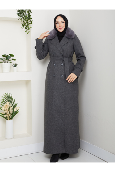 Moda İncir Double-Breasted Fur Coat with Collar