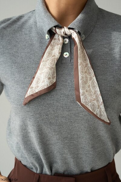 My Blog Gray Short Sleeve Scarf Sweater - 251153