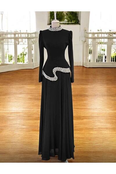 Helen Fashion Üstü Scuba Krep Altı Şifon Taşlı Tesettür Abiye Elbise