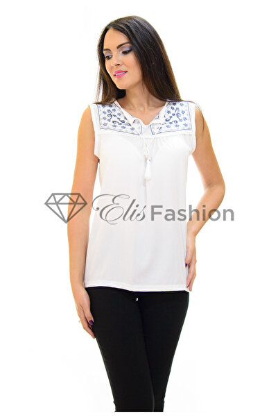 Elis Fashion Bluza de dama alba cu broderie pe piept