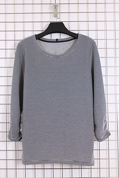 YXL COLLECTION Women's Plus Size Striped Crew Neck Drawstring Sleeve Detailed Transitional Mother Blouse