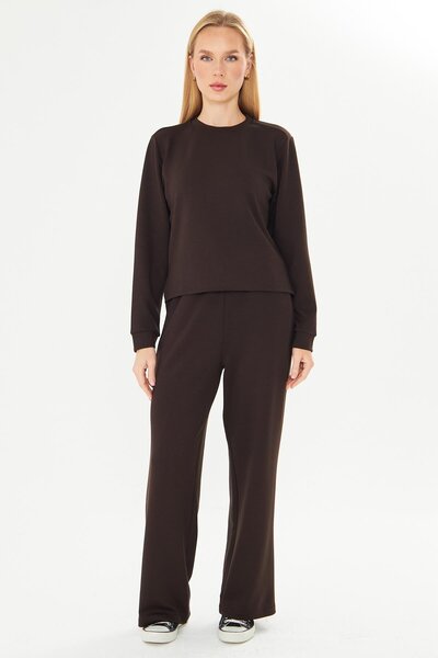 TRENDHİLL Women's Modal Fabric Comfortable Fit Tracksuit Set Brown 8509-K