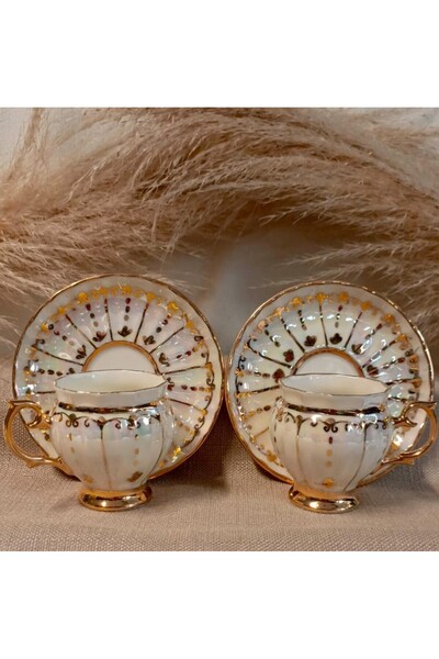 BY.RAYKA PORSELEN El Dekor Aura Porselen El Boyama 2-Piece Coffee Cup Set