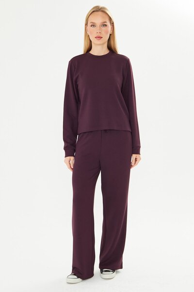 TRENDHİLL Women's Modal Fabric Comfortable Fit Tracksuit Set Burgundy 8509-Bo