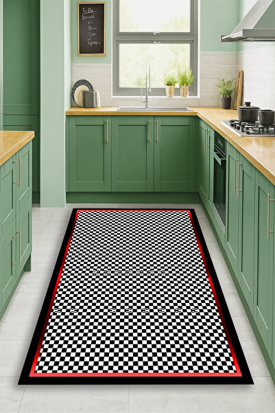 Kessy Home Studio Geometrik Kare Desenli Mutfak Halısı Dijital Baskı Kaymaz T...