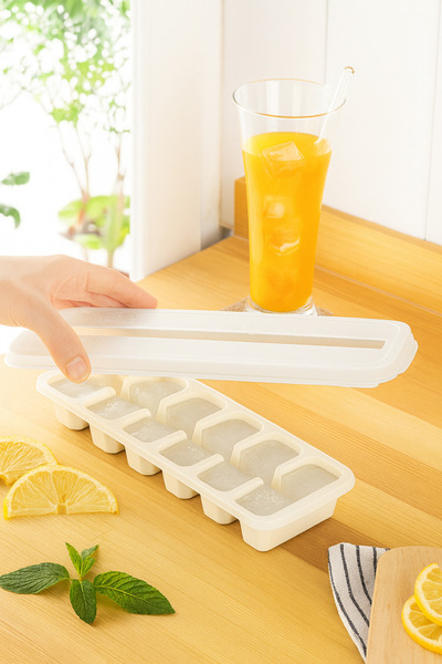 Pazar Kapısı Large Size Ice Mold with Lid 12-Cavity Ice Box Ecru