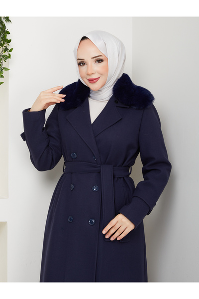 Moda İncir Double-Breasted Fur Coat with Collar