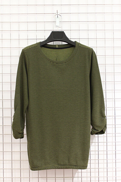 YXL COLLECTION Women's Plus Size Striped Crew Neck Drawstring Sleeve Detailed Transitional Mother Blouse