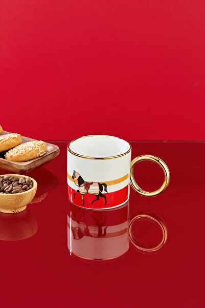 Cooker 200 ml Horse Patterned Porcelain Mug with Gold Handle (Kitchen, Office, Gift Mug)