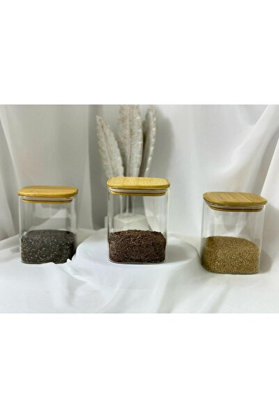 aden glass Bambu Kare Kapak Vakumlu Baharatlık Çok Amaçlı Kavanoz 3 Lü Set 75...