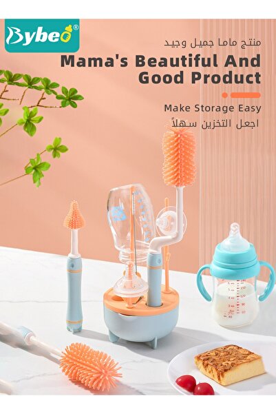 BYBEO 4 in 1 Silicone Baby Bottle Cleaning Brush Set with Stand, 360° Rotating Water Bottles Cleaner, Cup