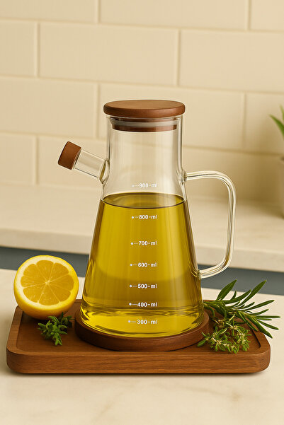 Mottogo Acacia Lid Glass Oil Pot – 900 ml – with Scale