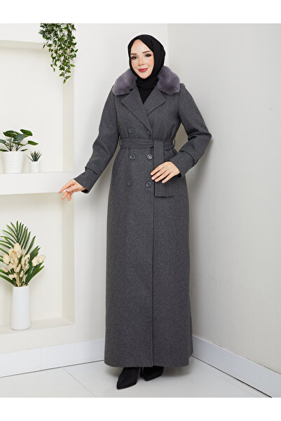 Moda İncir Double-Breasted Fur Coat with Collar