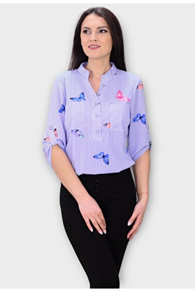 Elis Fashion Bluza Albastra cu Dungi si Imprimeu cu Fluturi